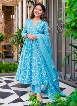 Aqua Blue Muslin Digital Print Designer Salwar Kameez