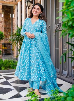 Aqua Blue Muslin Digital Print Designer Salwar Kameez