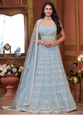 Aqua Blue Net Stone Readymade Lehenga Choli