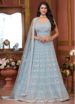 Aqua Blue Net Stone Readymade Lehenga Choli