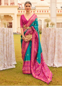 Aqua Blue Patola Print Ceremonial Trendy Saree