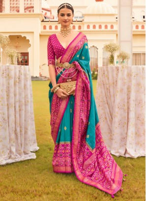 Aqua Blue Patola Print Ceremonial Trendy Saree