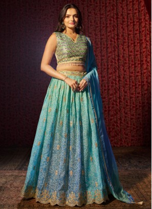 Aqua Blue Printed Festival Lehenga Choli