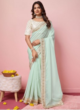 Aqua Blue Sequins Ceremonial Traditional Saree