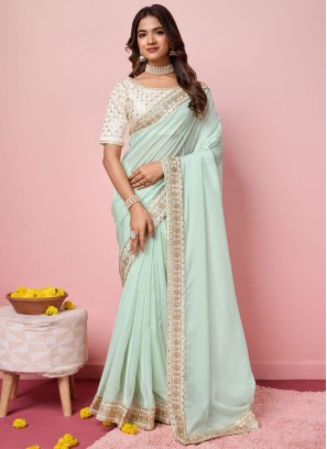 Aqua Blue Sequins Ceremonial Traditional Saree