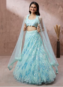 Aqua Blue Sequins Wedding Lehenga Choli