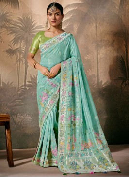 Aqua Blue Silk Floral Patterns Trendy Saree