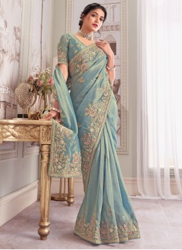 Aqua Blue Thread Banarasi Silk Designer Saree