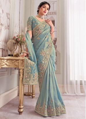 Aqua Blue Thread Banarasi Silk Designer Saree