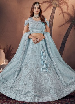 Aqua Blue Thread Georgette Readymade Lehenga Choli