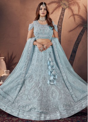 Aqua Blue Thread Georgette Readymade Lehenga Choli