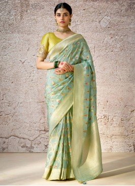 Aqua Blue Zari Banarasi Silk Designer Saree