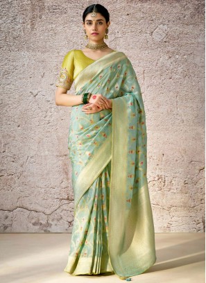 Aqua Blue Zari Banarasi Silk Designer Saree