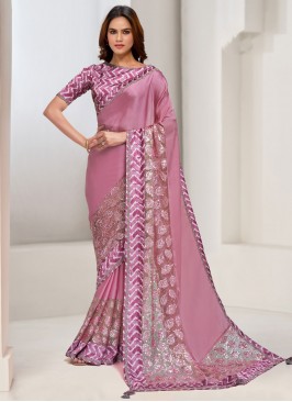 Arresting Border Pure Crepe Pink Trendy Saree