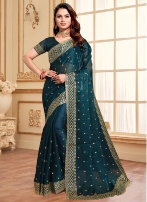 Arresting Teal Party Traditional Saree