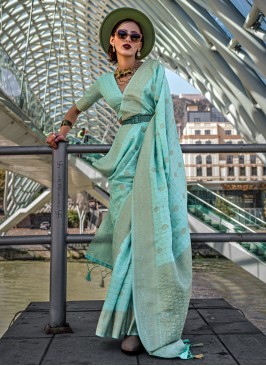 Arresting Weaving Katan Silk Aqua Blue Trendy Saree