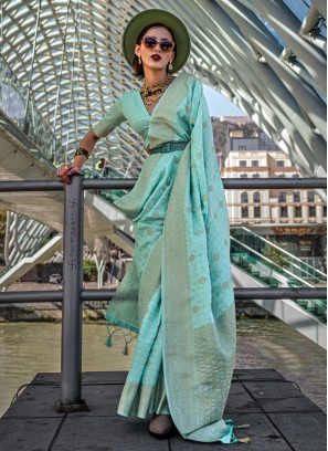 Arresting Weaving Katan Silk Aqua Blue Trendy Saree