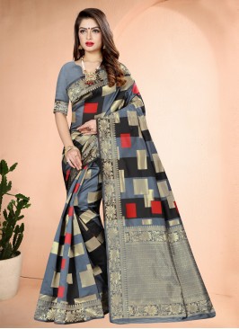 Art Banarasi Silk Printed Traditional Saree in Gre