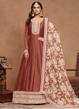 Art Silk Embroidered Rust Gown 