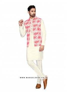 Cotton Silk Men's Nehru Jacket Set With Batik Prin