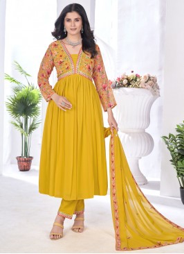 Artistic Embroidered Mustard Faux Georgette Readymade Salwar Suit