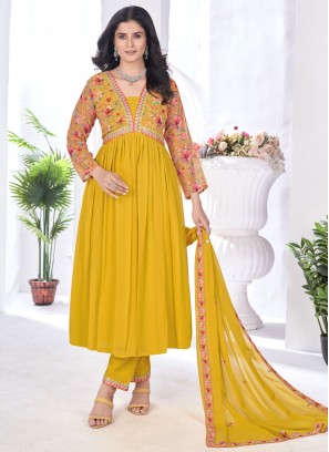 Artistic Embroidered Mustard Faux Georgette Readymade Salwar Suit