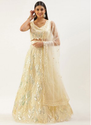 Aspiring Net Cream Sequins Trendy Lehenga Choli