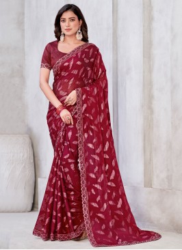 Astonishing Maroon Embroidered Contemporary Style Saree