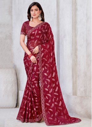 Astonishing Maroon Embroidered Contemporary Style Saree