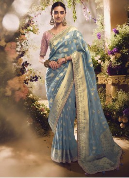 Astounding Blue and Grey Weaving Silk Designer Saree