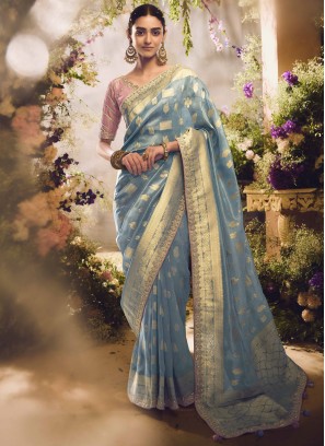 Astounding Blue and Grey Weaving Silk Designer Saree