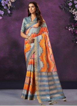 Astounding Crepe Silk Orange Contemporary Saree