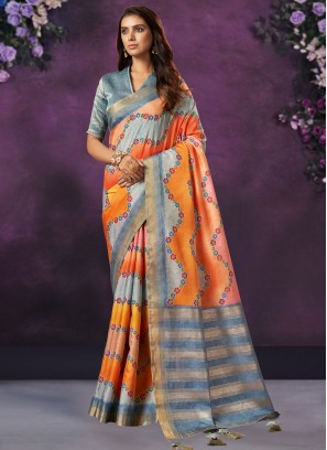 Astounding Crepe Silk Orange Contemporary Saree