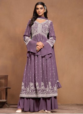 Astounding Embroidered Faux Georgette Purple Salwar Kameez