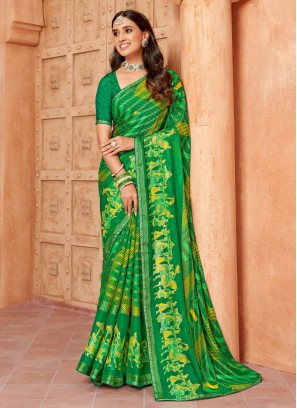 Astounding Green Chiffon Designer Saree