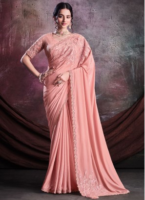 Astounding Sequins Peach Trendy Saree