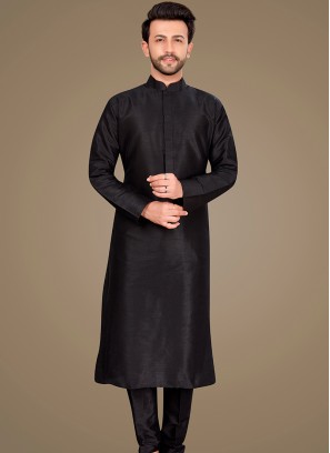 Attractive Black Art Silk Trouser-Style Kurta Pajama Set.