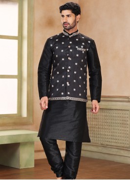 Attractive Black Banarasi Jaquard silk with chudidar 3pcs Jacket set.