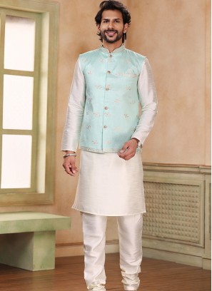 Attractive Pista Green Banarasi Jaquard silk with chudidar 3pcs Jacket set.