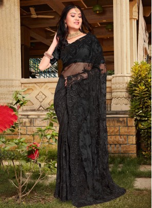 Attractive Embroidered Black Net Trendy Saree