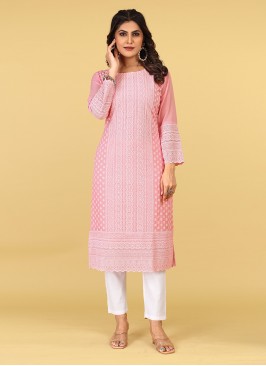 Attractive Embroidered Pink Georgette Party Wear Kurti