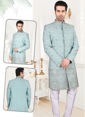Attractive Light Feroze Art Silk Sherwani Set with Off White Trouser