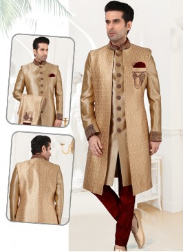 Attractive Gold Silk Sherwani with Banarasi Brocad