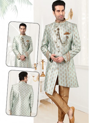 Attractive Light Blue Jaquard Sherwani Set with Chikoo Trouser