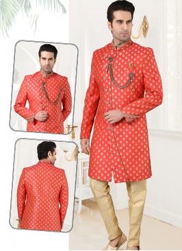 Attractive Rust Jaquard Sherwani Set with Gold Trouser