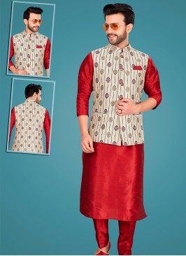 Attractive Marron Art Silk Kurta Pajama Jacket Set