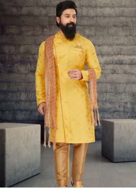 Attractive Yellow and Chikoo Indo Western Ensemble