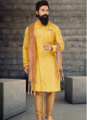 Attractive Yellow and Chikoo Indo Western Ensemble