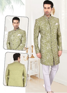 Attractive Pista Green Art Silk Sherwani Set with 