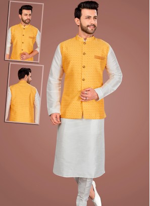 Attractive Off-White Art Silk Kurta Pajama Jacket Set with Yellow Jacquard Jacket.